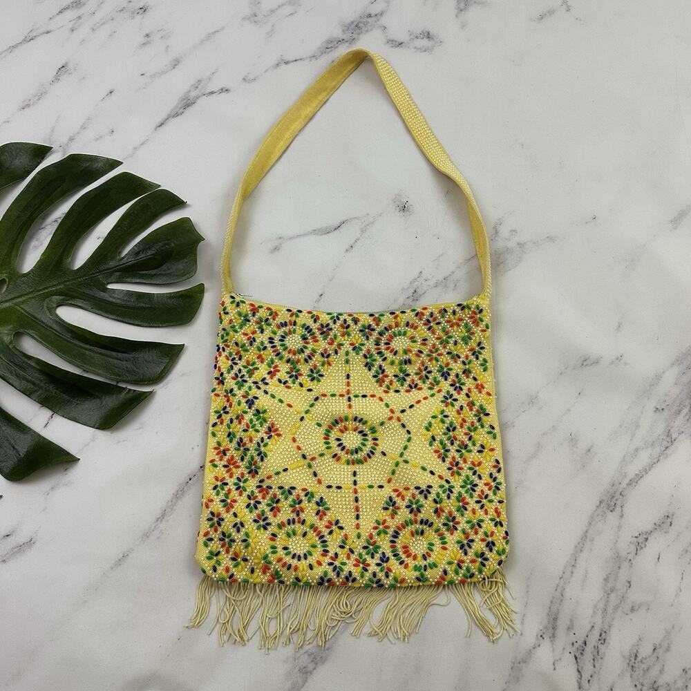 Vintage 70s Beaded Shoulder Bag Purse Yellow Colorful Floral Boho Fringe Trim